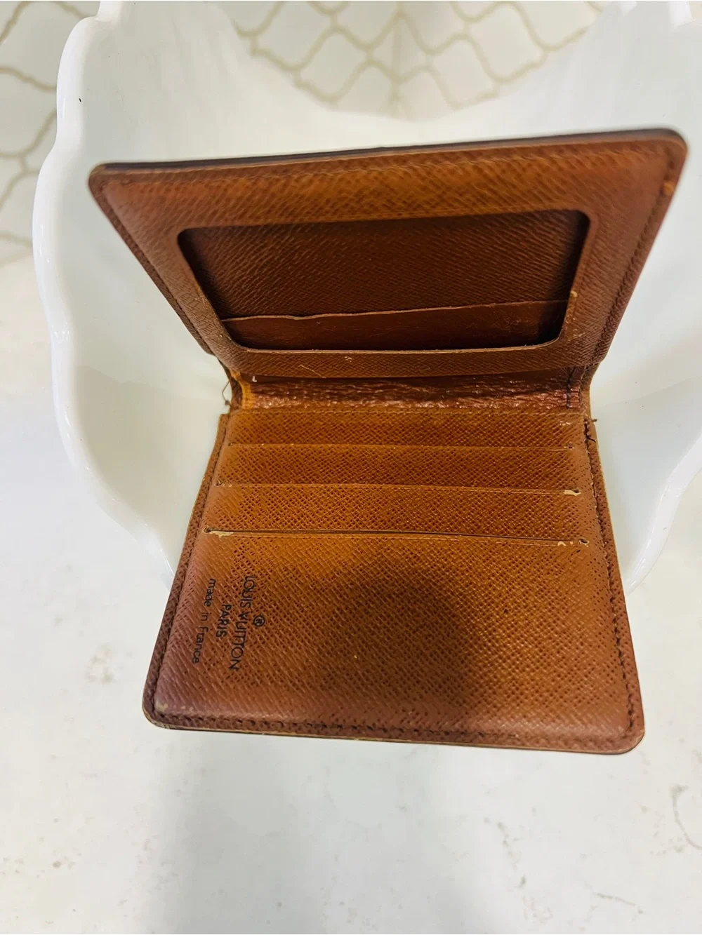 Louis Vuitton Monogram Vintage Bifold ID Wallet Brown Leather Repaired Authentic